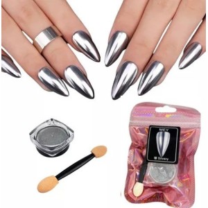 Pó Cromado Silvery para Unha + Pincel Mey