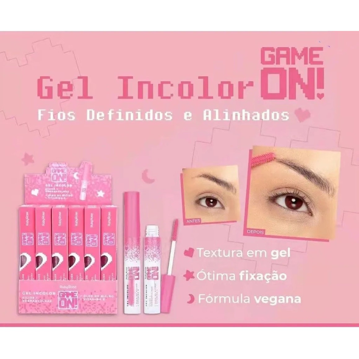 Kit 12 Gel Incolor Cílios + Sobrancelha Game On Ruby Rose